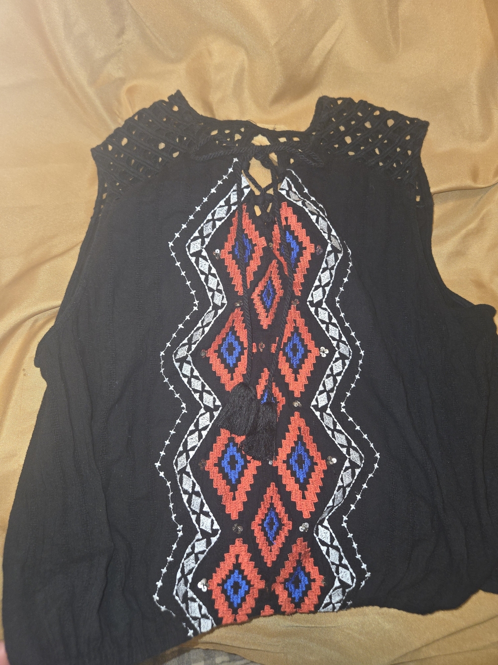 Women’s Black Sleeveless Embroidered Tank Top with Red & Blue Pattern